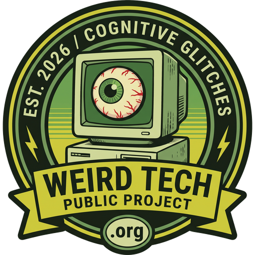 Weird Tech badge: an old beige computer whose screen shows a single eyeball, with the words Est. 2026, Cognitive Glitches, Weird Tech Public Project, .org